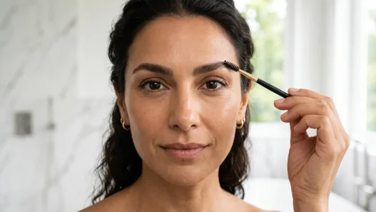 Ritratto ravvicinato di una donna elegante over 40 che definisce l'arcata sopraccigliare, mostrando come una forma curata ringiovanisca e sollevi lo sguardo.