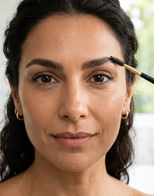 Ritratto ravvicinato di una donna elegante over 40 che definisce l'arcata sopraccigliare, mostrando come una forma curata ringiovanisca e sollevi lo sguardo.