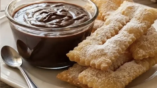 Coppetta di sanguinaccio al cioccolato fondente servito con chiacchiere di Carnevale