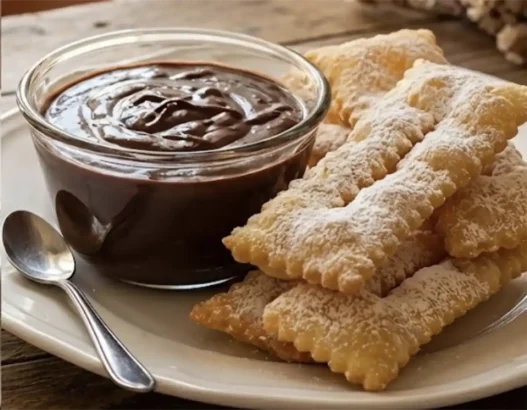 Coppetta di sanguinaccio al cioccolato fondente servito con chiacchiere di Carnevale