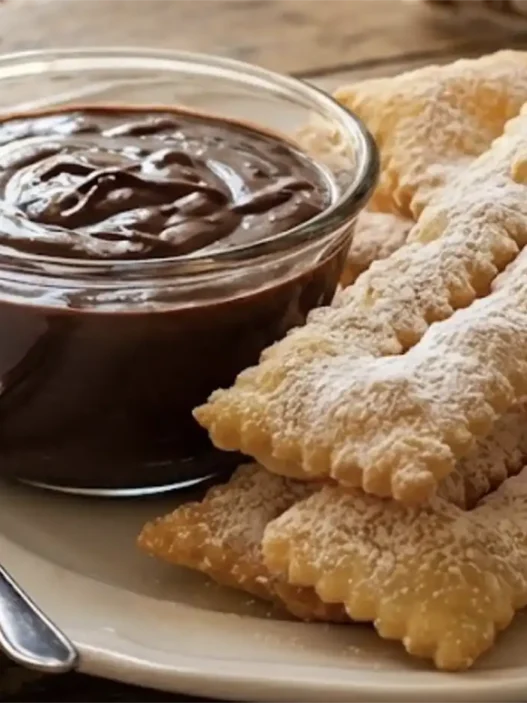 Coppetta di sanguinaccio al cioccolato fondente servito con chiacchiere di Carnevale