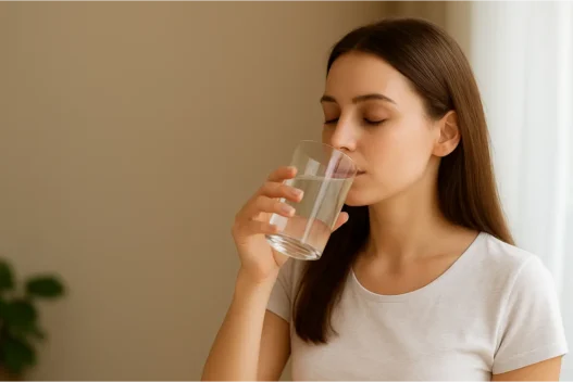 Donna che beve acqua tiepida al mattino in cucina, gesto quotidiano per favorire digestione e benessere.