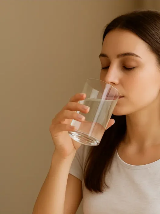 Donna che beve acqua tiepida al mattino in cucina, gesto quotidiano per favorire digestione e benessere.