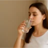Donna che beve acqua tiepida al mattino in cucina, gesto quotidiano per favorire digestione e benessere.