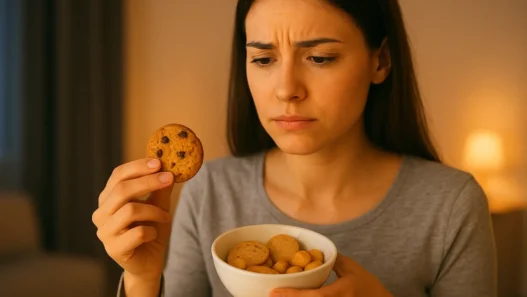 Donna che valuta uno snack dolce prima di mangiarlo