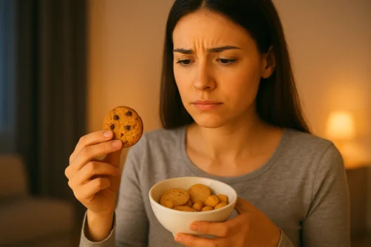 Donna che valuta uno snack dolce prima di mangiarlo