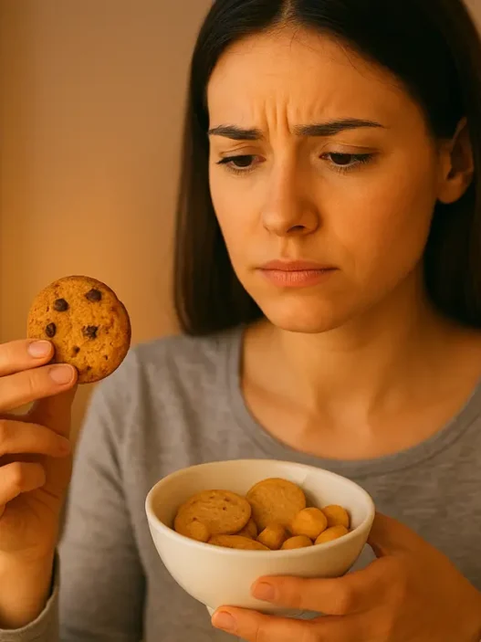 Donna che valuta uno snack dolce prima di mangiarlo