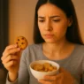 Donna che valuta uno snack dolce prima di mangiarlo