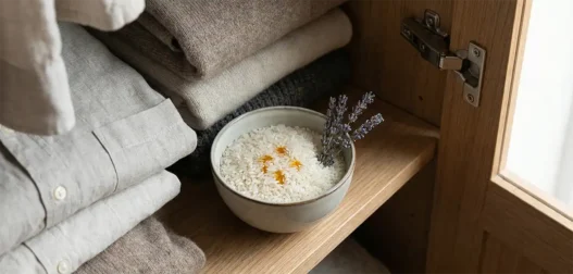 Ciotola di riso bianco con olio essenziale e fiori di lavanda dentro un armadio
