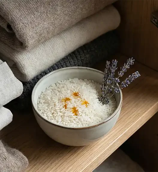 Ciotola di riso bianco con olio essenziale e fiori di lavanda dentro un armadio