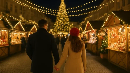 Coppia che passeggia tra i mercatini di Natale durante il weekend dell’Immacolata