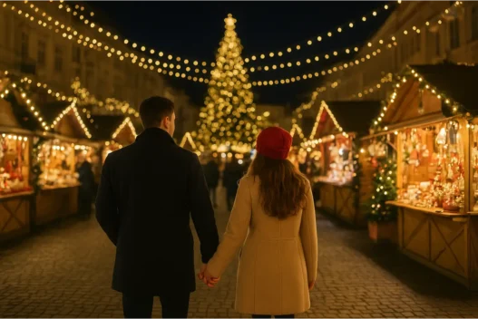 Coppia che passeggia tra i mercatini di Natale durante il weekend dell’Immacolata