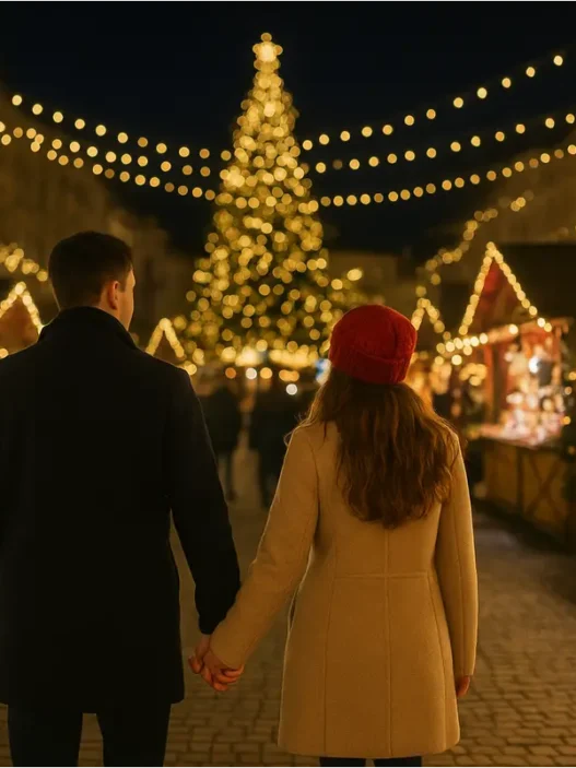 Coppia che passeggia tra i mercatini di Natale durante il weekend dell’Immacolata