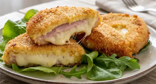 Primo piano di tre medaglioni di patate panati e dorati, disposti su un letto di rucola fresca. Un medaglione è tagliato a metà, rivelando un ripieno generoso di prosciutto cotto e formaggio fuso che fila invitante. La panatura è croccante e granulosa, servita su un piatto di ceramica chiara in un'ambientazione luminosa e moderna.