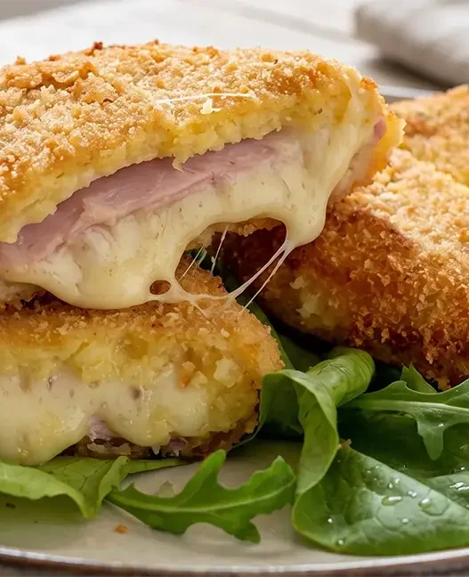 Primo piano di tre medaglioni di patate panati e dorati, disposti su un letto di rucola fresca. Un medaglione è tagliato a metà, rivelando un ripieno generoso di prosciutto cotto e formaggio fuso che fila invitante. La panatura è croccante e granulosa, servita su un piatto di ceramica chiara in un'ambientazione luminosa e moderna.