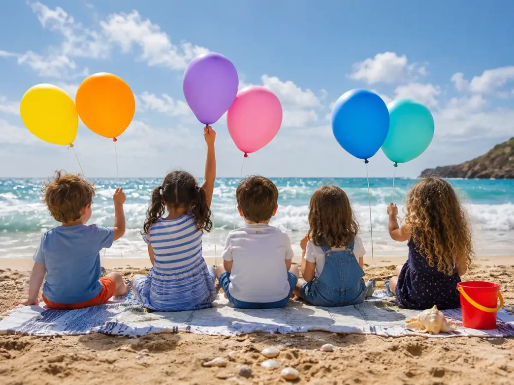 Cinque bambini seduti di spalle sulla spiaggia guardano il mare e tengono in mano palloncini colorati in una giornata di sole.