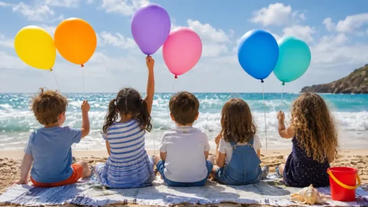 Cinque bambini seduti di spalle sulla spiaggia guardano il mare e tengono in mano palloncini colorati in una giornata di sole.
