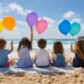 Cinque bambini seduti di spalle sulla spiaggia guardano il mare e tengono in mano palloncini colorati in una giornata di sole.