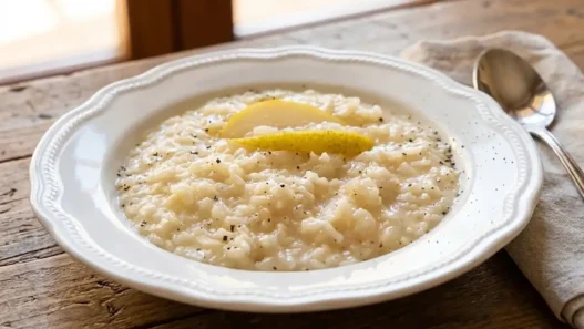 Piatto elegante di risotto cremoso alle pere e gorgonzola decorato con noci e pepe nero