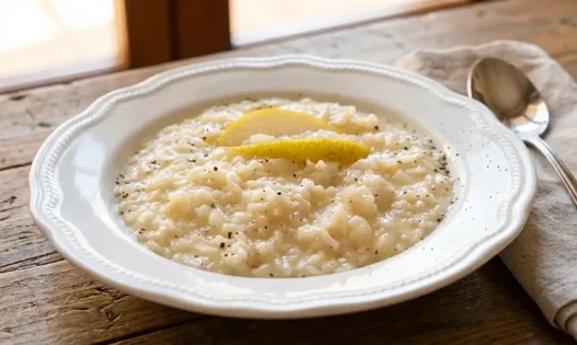 Piatto elegante di risotto cremoso alle pere e gorgonzola decorato con noci e pepe nero