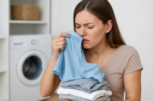 Donna che annusa panni appena lavati con espressione sorpresa per cattivo odore di umido.