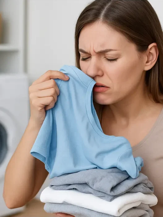 Donna che annusa panni appena lavati con espressione sorpresa per cattivo odore di umido.