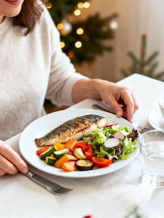 Donna italiana a tavola con dieta leggera prima di Natale: pesce grigliato, verdure e tisana in ambiente natalizio luminoso