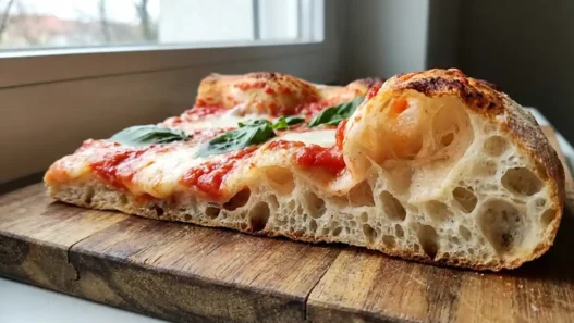 Trancio di pizza in teglia alla romana con vistosa alveolatura e bolle d'aria