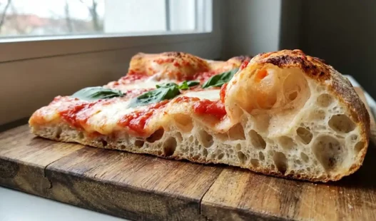 Trancio di pizza in teglia alla romana con vistosa alveolatura e bolle d'aria
