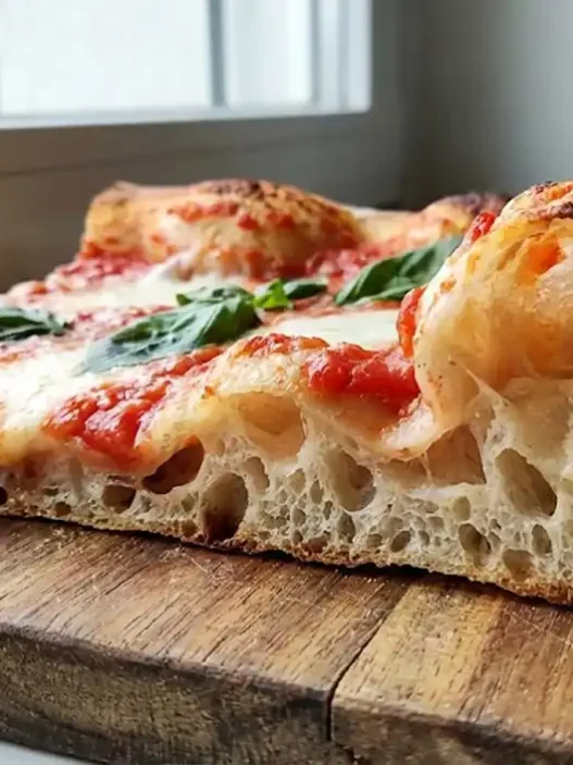 Trancio di pizza in teglia alla romana con vistosa alveolatura e bolle d'aria