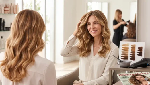 Donna sorridente con capelli biondo miele e balayage luminoso in un salone di bellezza, esempio di colore capelli che ringiovanisce il viso evitando tinte monocolore.