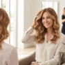 Donna sorridente con capelli biondo miele e balayage luminoso in un salone di bellezza, esempio di colore capelli che ringiovanisce il viso evitando tinte monocolore.