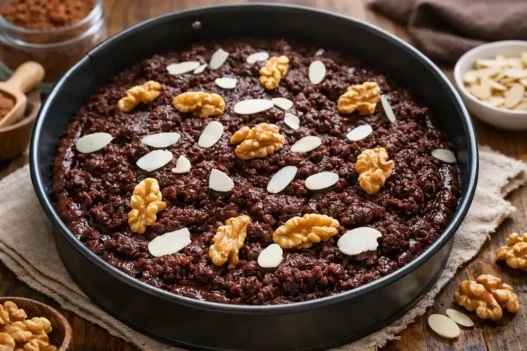 Una torta in una teglia con cioccolato noci e mandorle