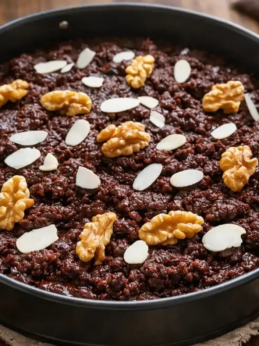 Una torta in una teglia con cioccolato noci e mandorle