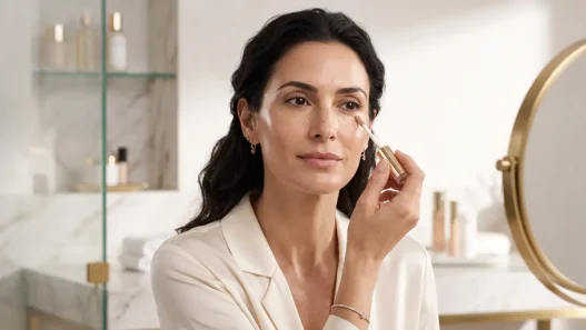 Ritratto di una donna elegante over 40 che applica il correttore, mostrando i passaggi per una base trucco viso impeccabile e luminosa.