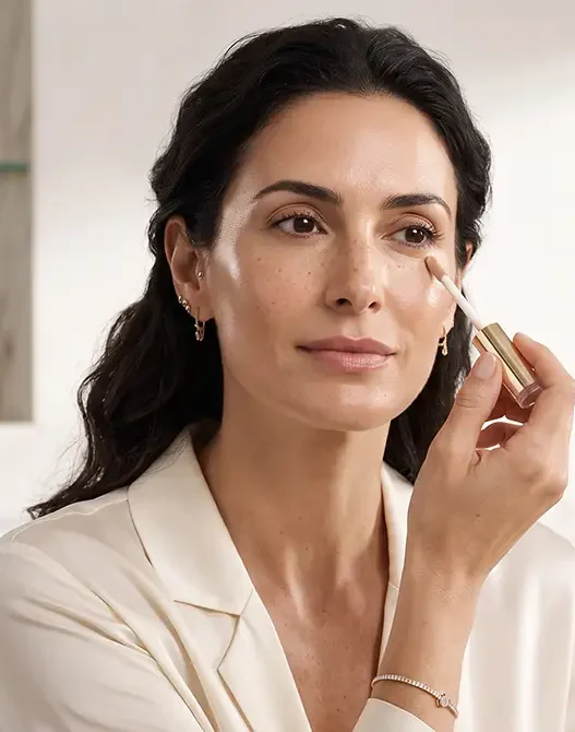 Ritratto di una donna elegante over 40 che applica il correttore, mostrando i passaggi per una base trucco viso impeccabile e luminosa.