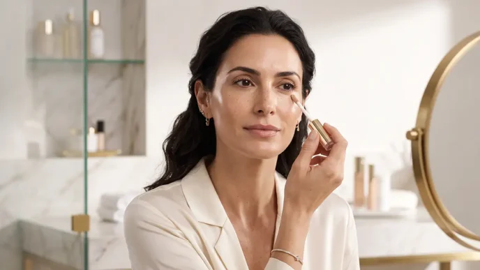 Ritratto di una donna elegante over 40 che applica il correttore, mostrando i passaggi per una base trucco viso impeccabile e luminosa.