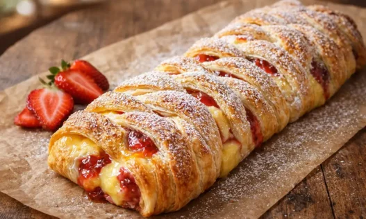 Uno strudel di pasta sfoglia intrecciato, dorato e croccante, ripieno di crema pasticcera e confettura di fragole, spolverato con zucchero a velo e decorato con fragole fresche su un tavolo di legno