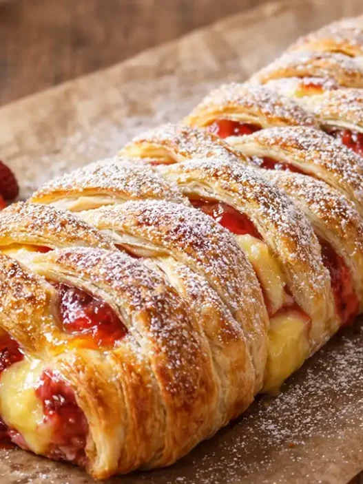 Uno strudel di pasta sfoglia intrecciato, dorato e croccante, ripieno di crema pasticcera e confettura di fragole, spolverato con zucchero a velo e decorato con fragole fresche su un tavolo di legno