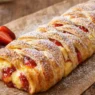 Uno strudel di pasta sfoglia intrecciato, dorato e croccante, ripieno di crema pasticcera e confettura di fragole, spolverato con zucchero a velo e decorato con fragole fresche su un tavolo di legno