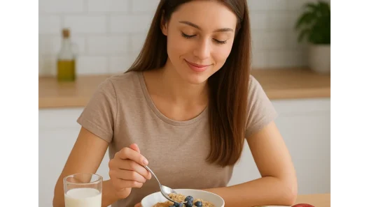 Immagine di una giovane donna che prepara una colazione equilibrata con proteine, frutta e cereali integrali, ideale per mantenere la sazietà.