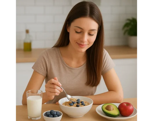 Immagine di una giovane donna che prepara una colazione equilibrata con proteine, frutta e cereali integrali, ideale per mantenere la sazietà.