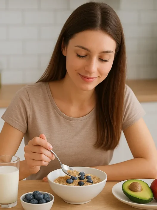 Immagine di una giovane donna che prepara una colazione equilibrata con proteine, frutta e cereali integrali, ideale per mantenere la sazietà.