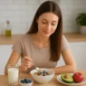 Immagine di una giovane donna che prepara una colazione equilibrata con proteine, frutta e cereali integrali, ideale per mantenere la sazietà.