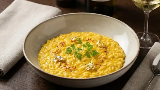 Piatto di risotto giallo alla milanese con pistilli di zafferano e foglia d'oro, stile gourmet