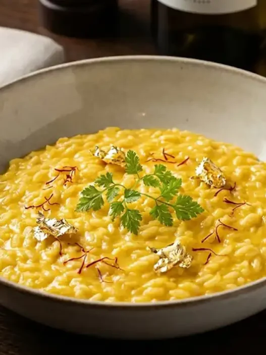 Piatto di risotto giallo alla milanese con pistilli di zafferano e foglia d'oro, stile gourmet