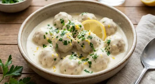 Polpette bianche cremose in salsa di latte e limone con prezzemolo fresco