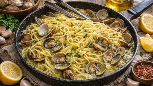 Una padella di spaghetti alle vongole