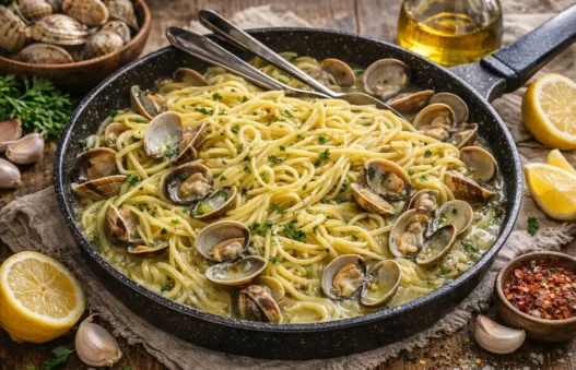 Una padella di spaghetti alle vongole