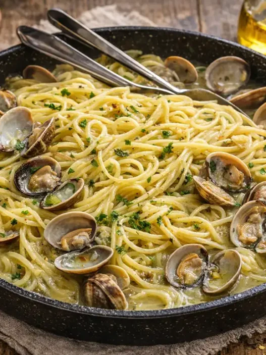 Una padella di spaghetti alle vongole